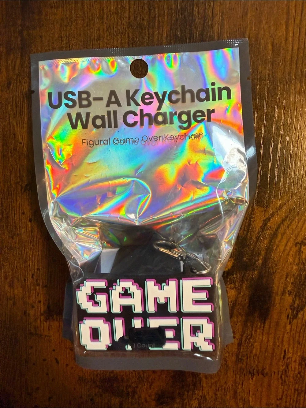 Game Over USB-A Keychain Wall Charger, 1-Port 12W Black Foldable Plug